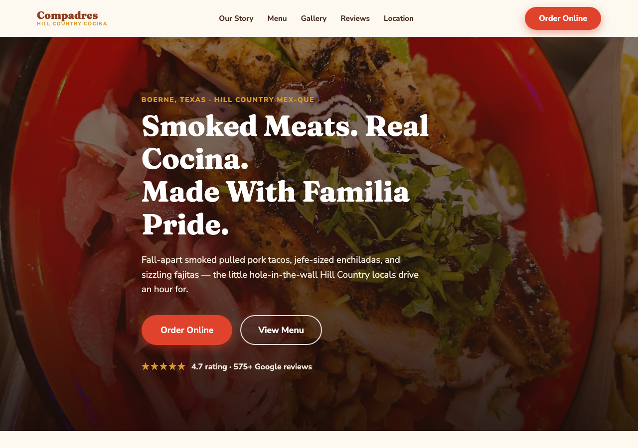 Screenshot of the Compadres Hill Country Cocina website
